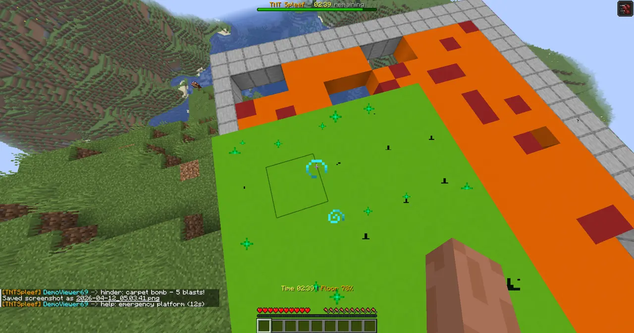TNT Spleef gameplay screenshot showing 99+ coins