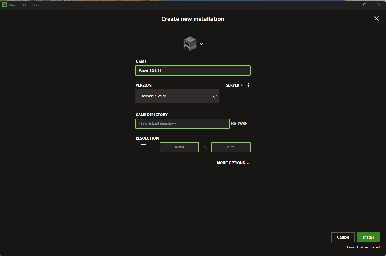 Create new installation screen ready to install with Launch after Install unticked