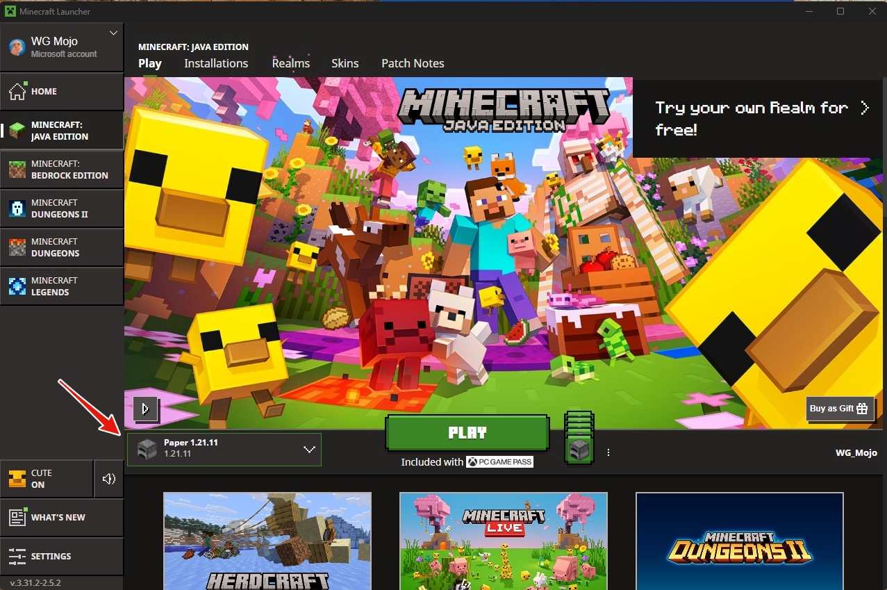 Minecraft Launcher Play tab with the Paper version installation selected in the dropdown