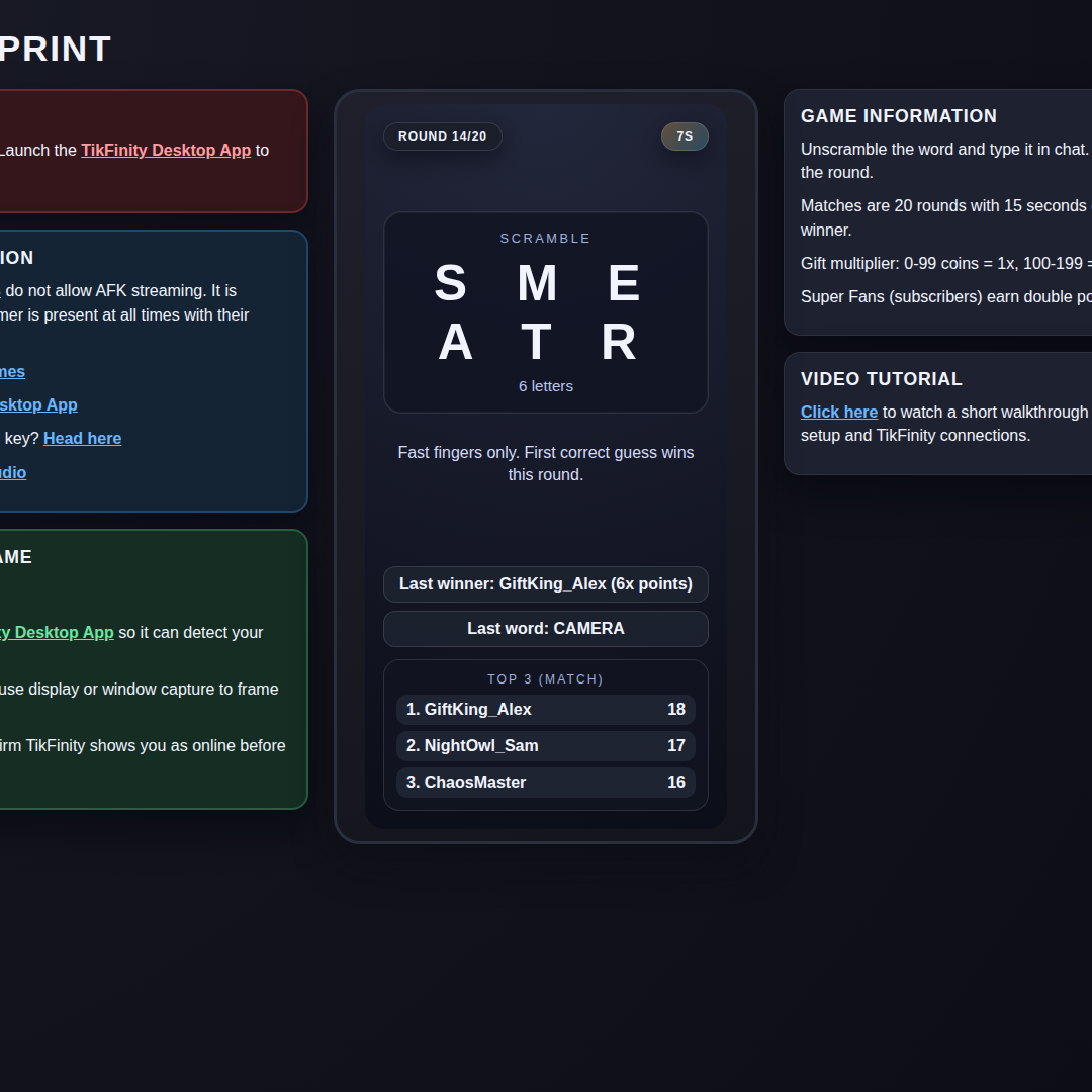 Anagram Sprint screenshot showing leaderboard push