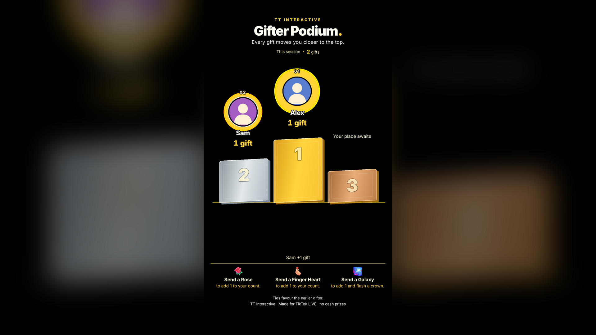 Gifter Podium hero screenshot showing gifter podium gifts