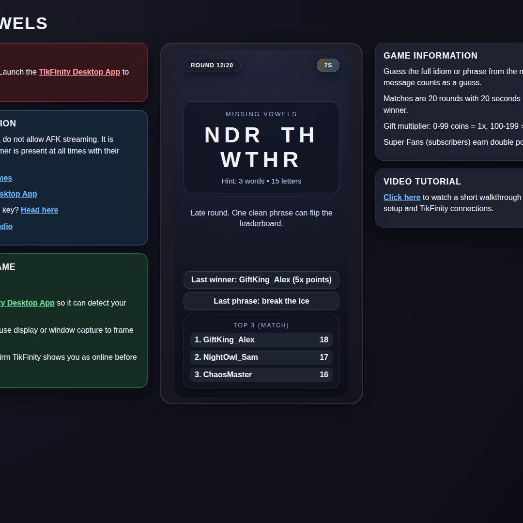 Missing Vowels screenshot showing close leaderboard