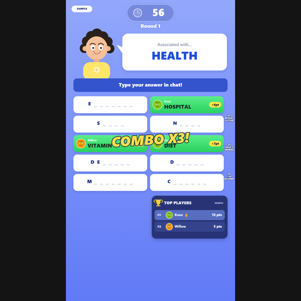 Word Association screenshot showing active battle